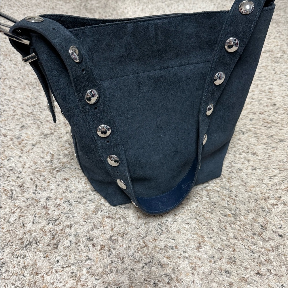 Madewell Essential Medium Navy Suede Studded Bucket Bag